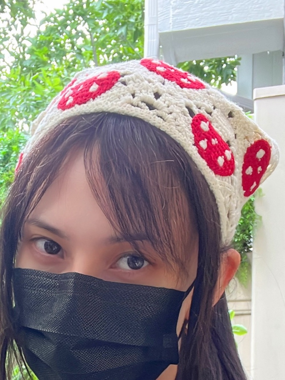 Handmade Cream Headband with Red Mushroom Motifs